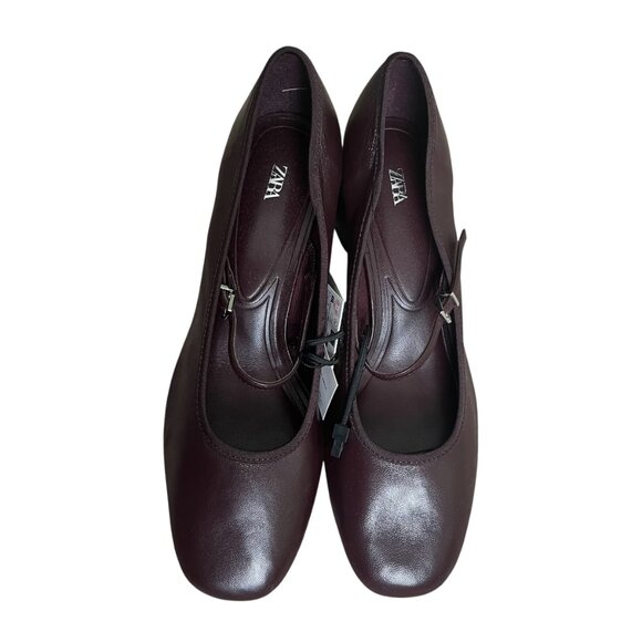 Zara Leather Burgundy Red Pumps Mary Jane Style Size 9 Block Heel, Buckled Strap - Picture 3 of 9